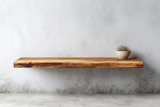 A single live edge wooden shelf holds a small potted plant against a textured wall.