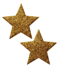 Obraz premium Two golden five-pointed stars on a white background, filled with sparkly texture