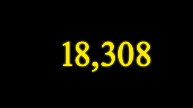 Number counter animation from 0 to 50,000 numbers on a black background. Number counting from 0 to 50k animation