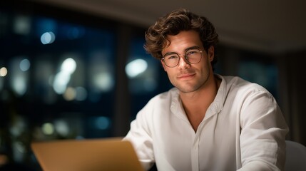 Obraz premium Young professional using AI powered writing assistant on laptop to draft business emails in a modern office, ideal for artificial intelligence productivity, smart work tool, digital assistant, AI