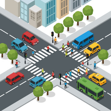 Busy city intersection with cars, buses, pedestrians, and crosswalks in isometric view.
