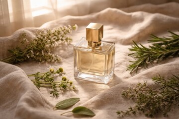 A perfume bottle rests on a linen cloth with sprigs of herbs, suggesting an intimate and luxurious scene.
