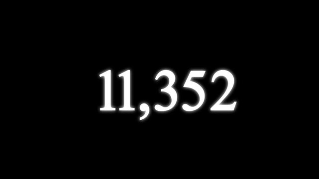 Number counter animation from 0 to 30,000 numbers on a black background. Number counting from 0 to 30k animation