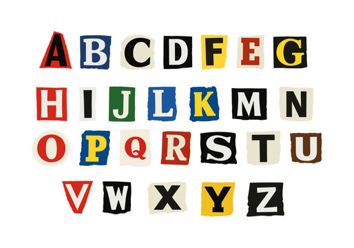 Creative collection of colorful alphabet letters designed in a magazine cutout and ransom note style. Each uppercase character features different fonts, colors, and shapes, creating a playful mixed 