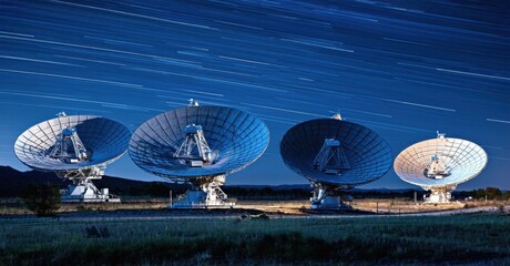 Fototapeta premium Radio telescopes observe night sky. Long exposure captures star trails above grassy landscape. Technology seeks cosmic signals.