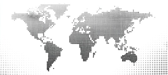 A grayscale dotted map of the world with landmasses represented by varied density