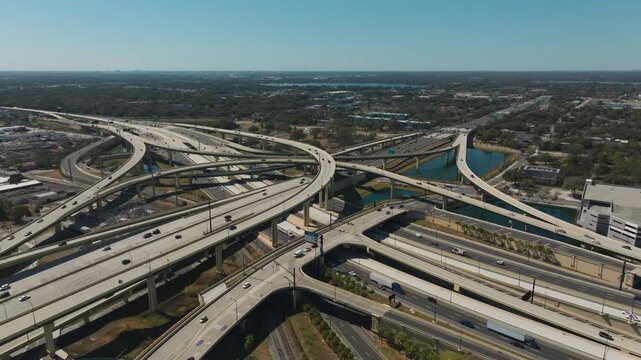 A aerial drone view over the 408 expressway and I-4 interchange in downtown Orlando, Florida.