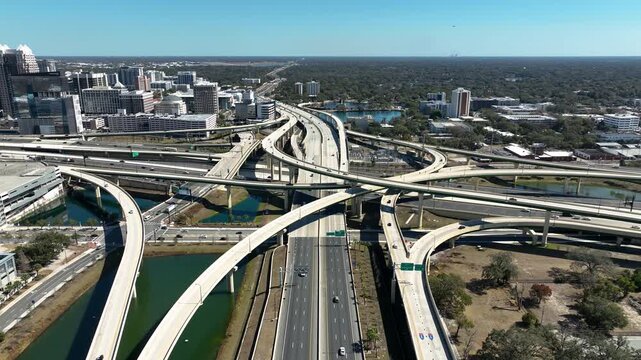 A symmetrical shot flying over the 408 expressway toward the I-4 interchange in downtown Orlando, Florida.