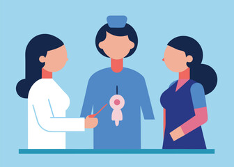 Obraz premium A female doctor demonstrates a vasectomy procedure to two other medical professionals using a stylized human torso model.