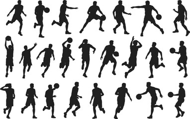 Large collection of black silhouettes featuring male basketball players dribbling running and shooting the ball in various active sports poses isolated on white background © Puspo