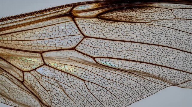 Close up of a dragonfly wing showing the intricate cellular patterns and iridescent shine