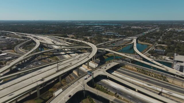 A hyperlapse drone shot showcases Orlando&rsquo;s major highway interchange connecting the 408 expressway and I-4.