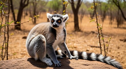 Fototapeta premium A ring-tailed lemur sitting on a rock in a dry forest with sparse trees and underbrush, looking directly at the camera with its long striped tail extended behind, conveying a sense