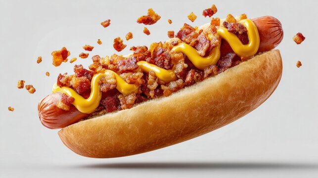 Delicious hot dog loaded with crispy bacon bits and drizzled with bright yellow mustard
