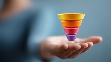 Hand holding a colorful sales funnel diagram representing marketing and business growth strategies