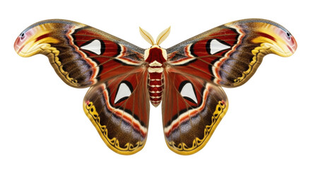 Isolated colorful vibrant atlas moth species with detailed patterns and markings in overhead view © Thaddeus