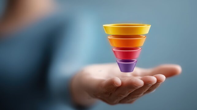 Hand holding a colorful sales funnel diagram representing marketing and business growth strategies