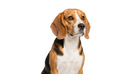 Isolated Beagle dog with a quizzical expression looks to the side, close-up shot studio