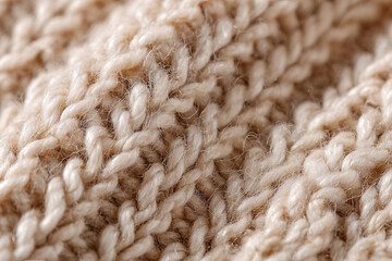 Scandinavian artisan knitwear macro view &mdash; soft beige wool sweater cable stitches with fuzzy halo, loose plied yarn and tactile cozy texture