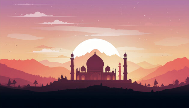 Masjid Silhouette Sunset Vector &ndash; Islamic Mosque with Orange Gradient Sky Background