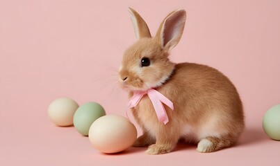 Fototapeta premium light brown easter bunny full body on his back legs holding a decorated easter egg with his front paws on a solid pastel pink and green background