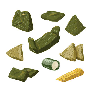 Set of traditional Indonesian snacks and food wrapped in banana leaves, including lemper and lontong, handrawn style elements isolated on white. Perfect for culinary, cultural heritage, menu, recipe,