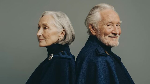 Portrait of elderly cosplayers, side by side, wearing navy cloaks. Two seniors, a woman and a man, exhibit matching styles. Couple enjoying retirement hobby. Deep thoughtful expressions.