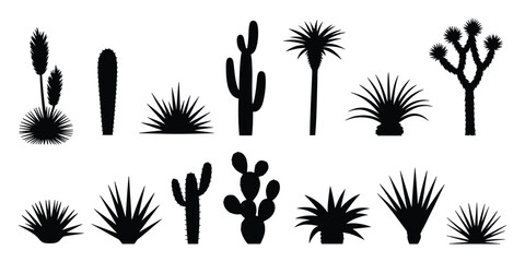 Silhouette collection of desert plants including cacti and succulents on a white background Keywords: silhouette, desert, plants © MST Hasina