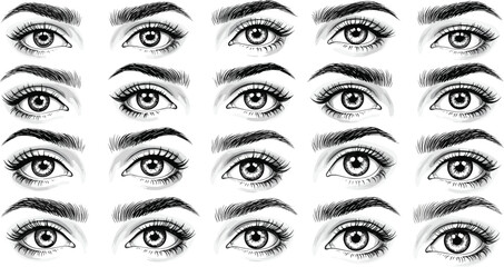 Set of detailed female eyes and eyebrow sketches isolated on white background vector beauty illustration collection © MstMorshida