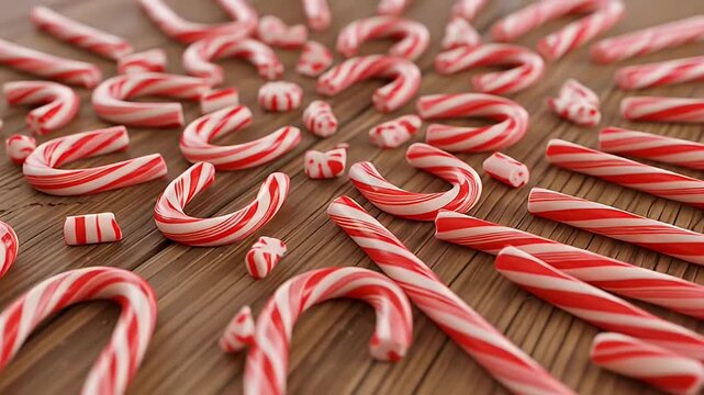 Scattered red and white striped candy canes, some broken, on a warm brown wooden surface