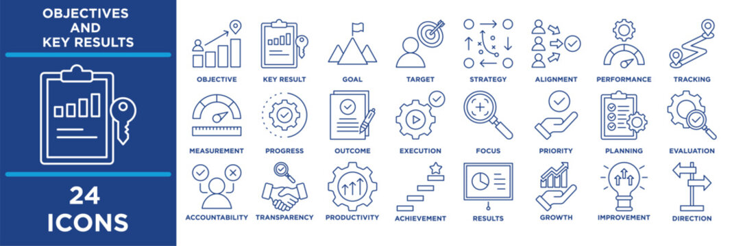 OKR icon set featuring OKR, objective, key result, goal, target, strategy, alignment, performance. line vector
