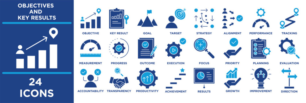 OKR icon set illustrating accountability, transparency, productivity, efficiency, monitoring, achievement, results, growth, success, improvement, management, leadership, direction. SOLID blue 