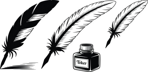 Three Quill Pens and Ink Bottle Silhouette with Writing Strokes feather © MST Hasina