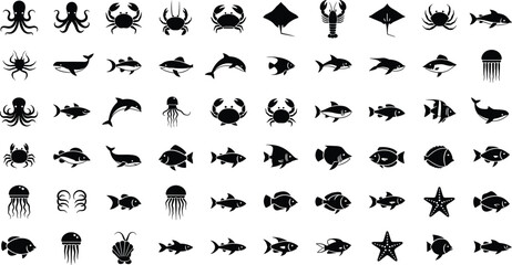 Black sea life icons set with silhouettes of octopus crab whale dolphin shark jellyfish starfish lobster ray shell and various tropical fish species © Junayid