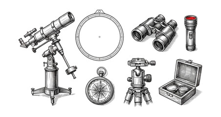 Technical ink astronomy gadgets elements set.