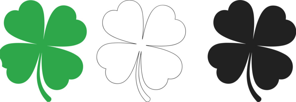 Three Clover Leaf Icons Green Outline and Black on White vector illustration