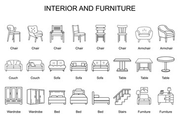 Interior and Furniture Icon Set With Chair,Armchair,Couch,Sofa,Table,Wardrobe,Bed,Stairs