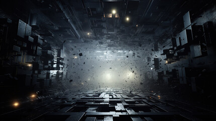 Fototapeta premium Dark industrial sci-fi interior. Corridor with metallic debris and fragments floating in the air, creating a dramatic sense of destruction and energy