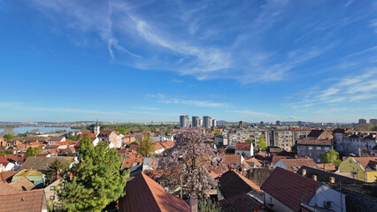Drone view of Zemun municipality and Belgrade cityscape, capital of Serbia.