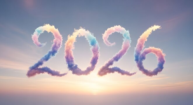 Colorful Cloud 2026 Text in Sunrise Sky - Dreamy New Year Background