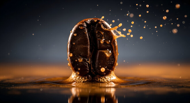 Close up makro sebuah biji kopi panggang memercik ke dalam cairan dengan tetesan keemasan