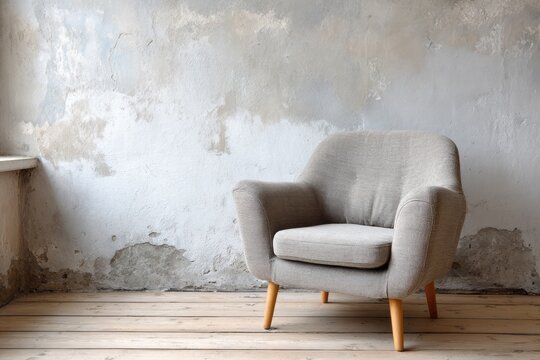 Comfortable armchair placed on wooden floor against rough textured wall.
