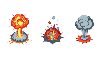 Naklejka premium set of three hand drawn cartoon explosion effects with smoke and fire bursts