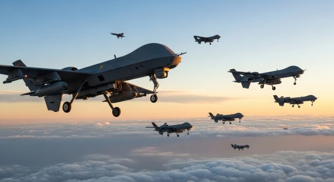 A formation of MQ-9 Reaper drones flies in formation against a sunset sky, showcasing advanced military technology in aerial operations.