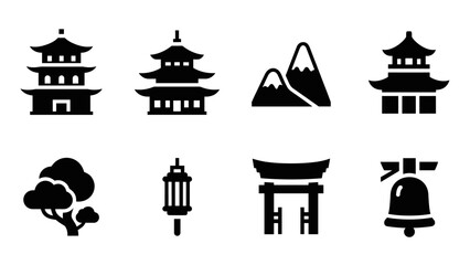 Naklejka premium set of traditional Japanese building and nature icons in black silhouette style