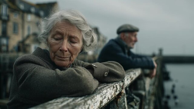 Pensive elderly couple overlooking sea. Mature woman with concerned expression leans on railing, while older man gazes into distance. Quiet moment, reflection, coastal life.
