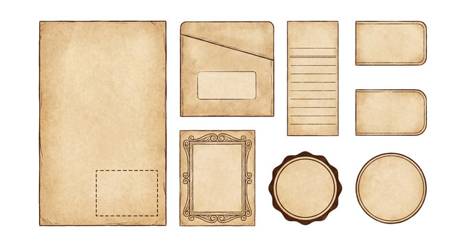 Aged paper library checkout cards illustrations set.