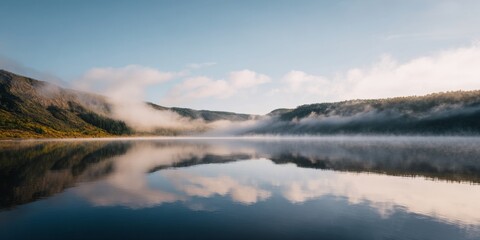 Obraz premium Cinematic photo of early morning fog rising over still water, showcasing serene landscape and promoting environmental conservation for World Water Day