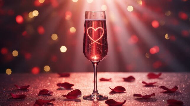 Romantic champagne flute with a glowing heart and red rose petals on a bokeh background for Valentine's Day.