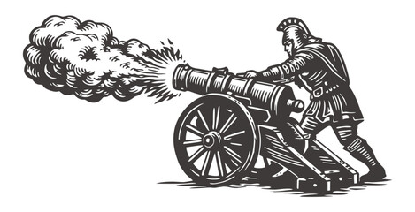 Fototapeta premium Roman soldier operating ancient cannon with massive explosion and smoke.